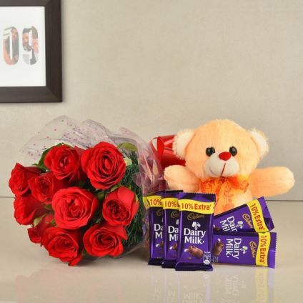 Red Rose,Cadbury Dairy Milk & Soft toy.